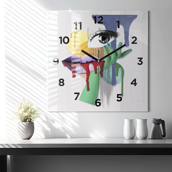 Square glass wall clock Surrealist collage