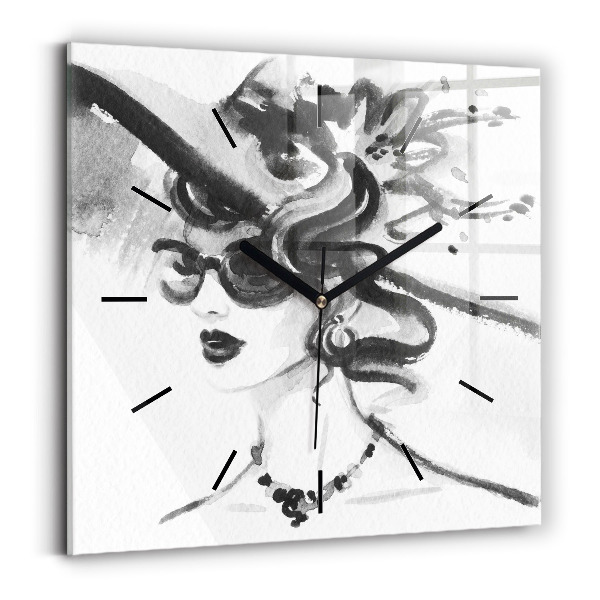 Square glass wall clock Fashionable woman