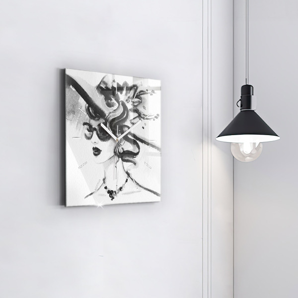 Square glass wall clock Fashionable woman