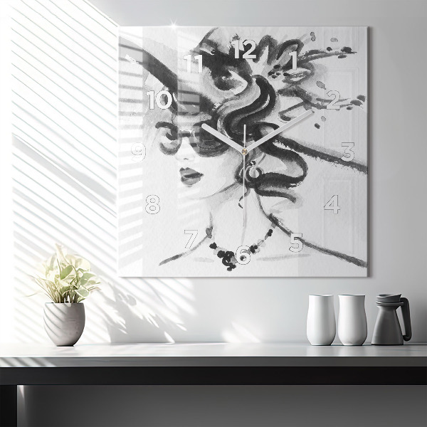 Square glass wall clock Fashionable woman