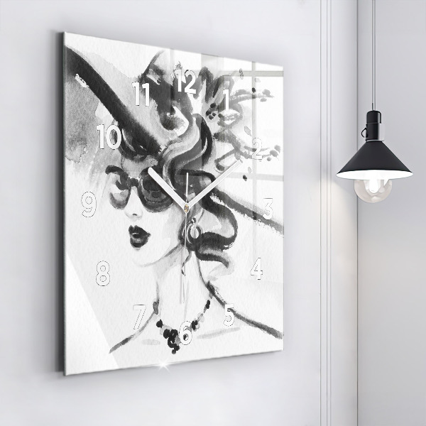 Square glass wall clock Fashionable woman