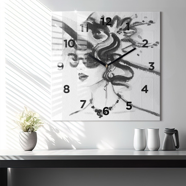 Square glass wall clock Fashionable woman