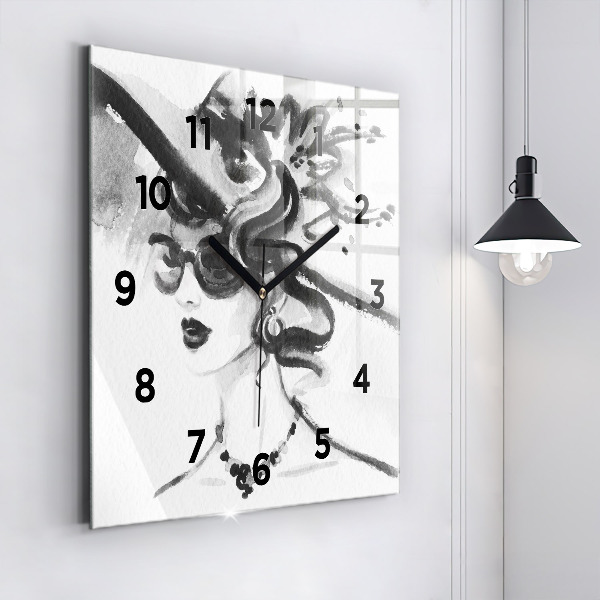Square glass wall clock Fashionable woman