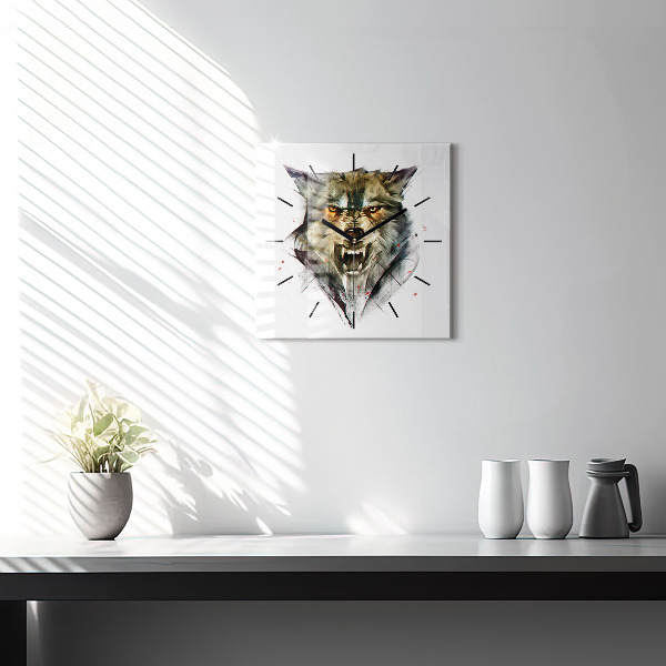 Square glass wall clock Drawn portrait of a wolf