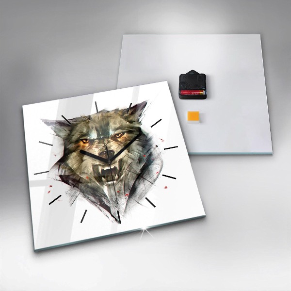 Square glass wall clock Drawn portrait of a wolf