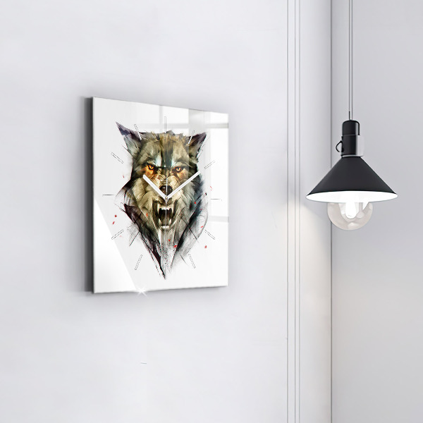 Square glass wall clock Drawn portrait of a wolf