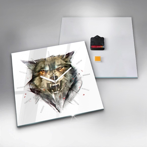 Square glass wall clock Drawn portrait of a wolf
