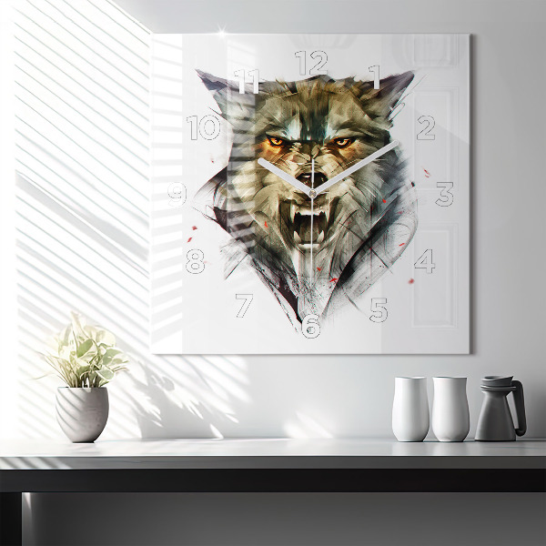 Square glass wall clock Drawn portrait of a wolf