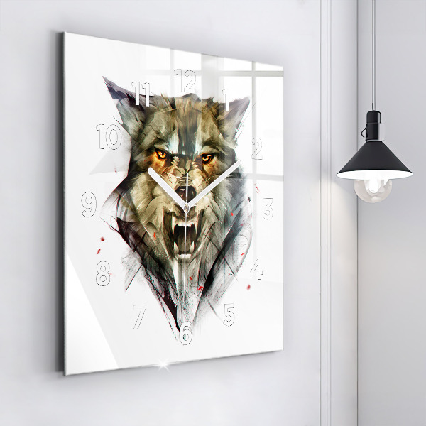 Square glass wall clock Drawn portrait of a wolf