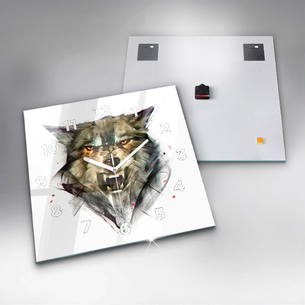 Square glass wall clock Drawn portrait of a wolf
