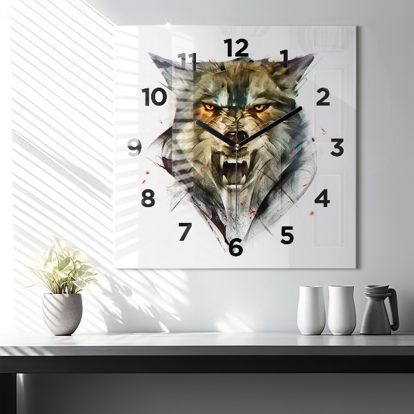 Square glass wall clock Drawn portrait of a wolf