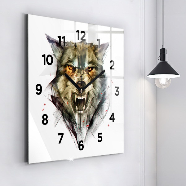 Square glass wall clock Drawn portrait of a wolf