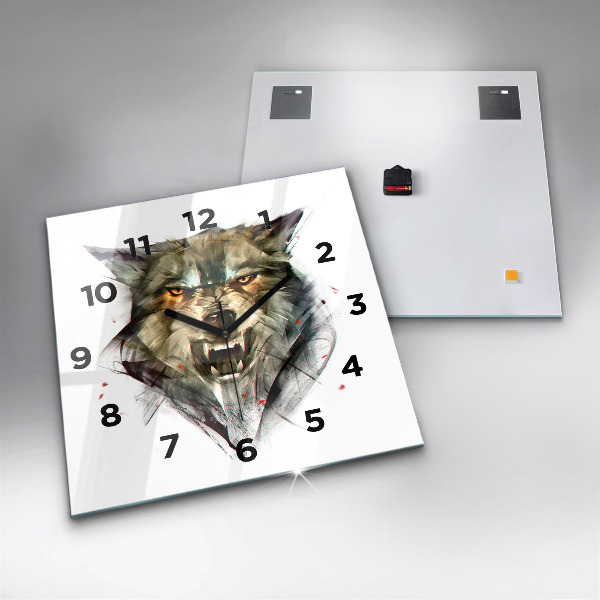 Square glass wall clock Drawn portrait of a wolf