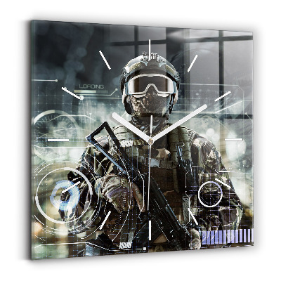 Square glass wall clock Soldier with a gun