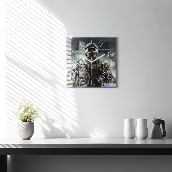 Square glass wall clock Soldier with a gun