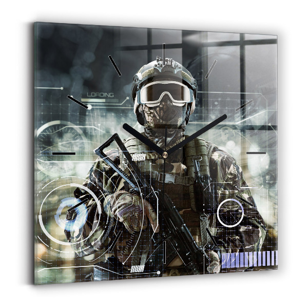 Square glass wall clock Soldier with a gun