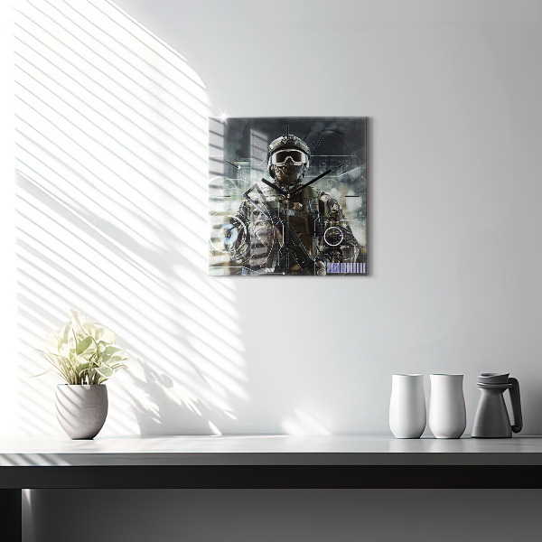 Square glass wall clock Soldier with a gun