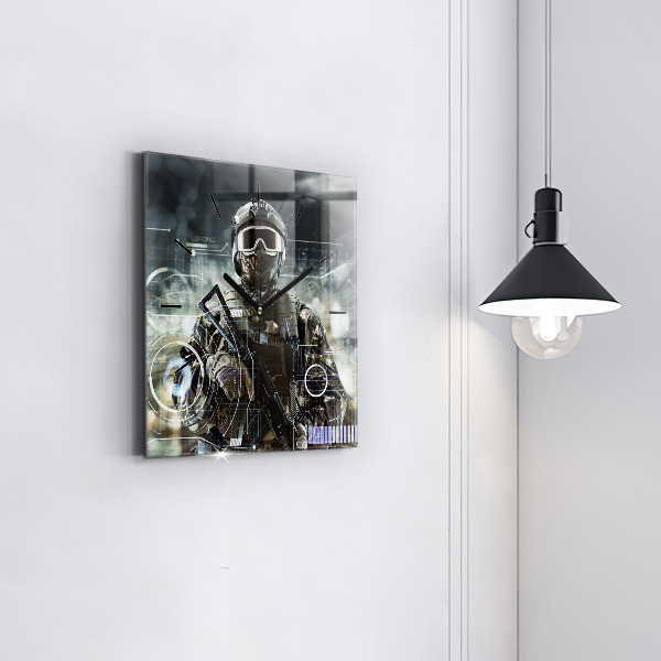 Square glass wall clock Soldier with a gun