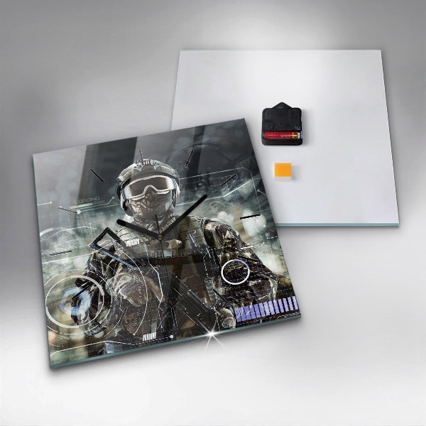 Square glass wall clock Soldier with a gun