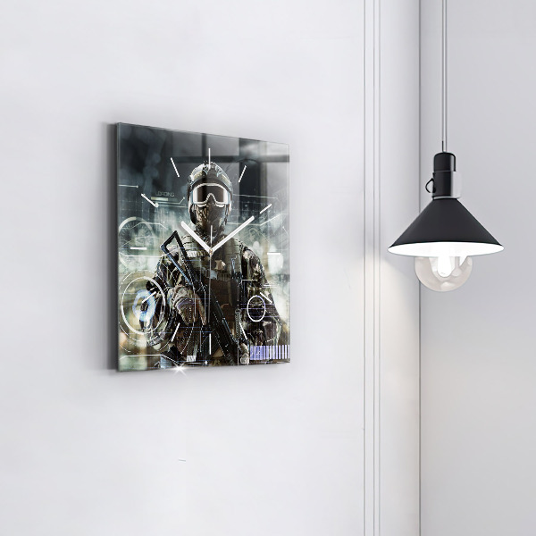 Square glass wall clock Soldier with a gun