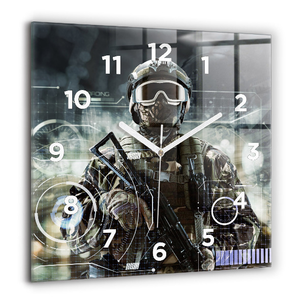 Square glass wall clock Soldier with a gun