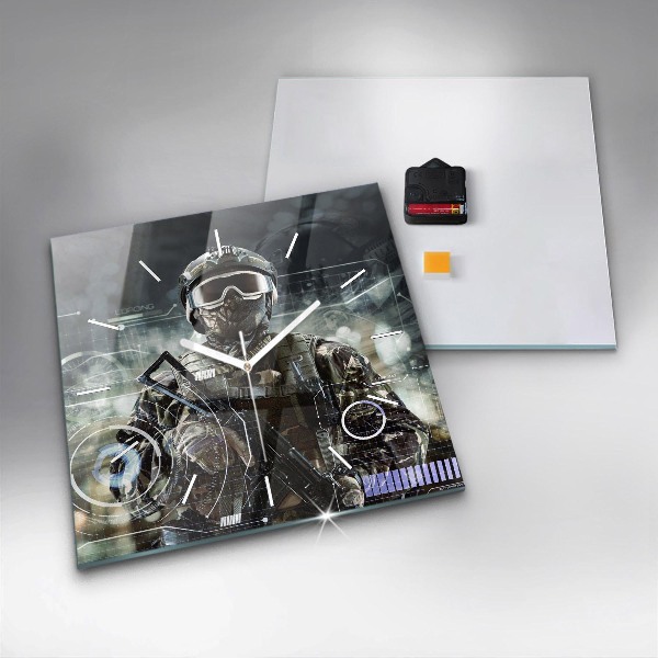 Square glass wall clock Soldier with a gun