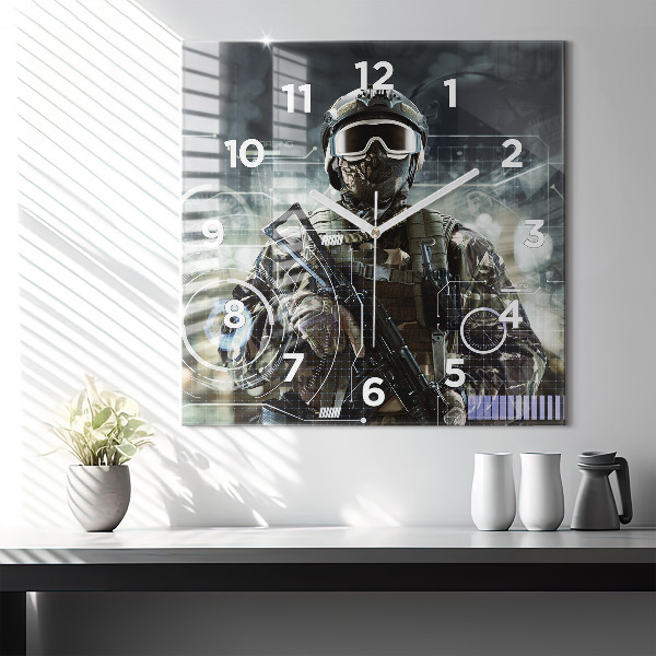 Square glass wall clock Soldier with a gun