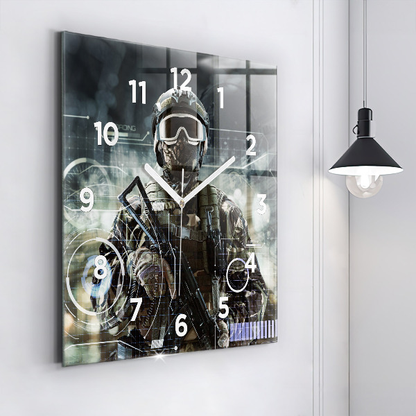 Square glass wall clock Soldier with a gun