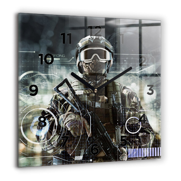 Square glass wall clock Soldier with a gun