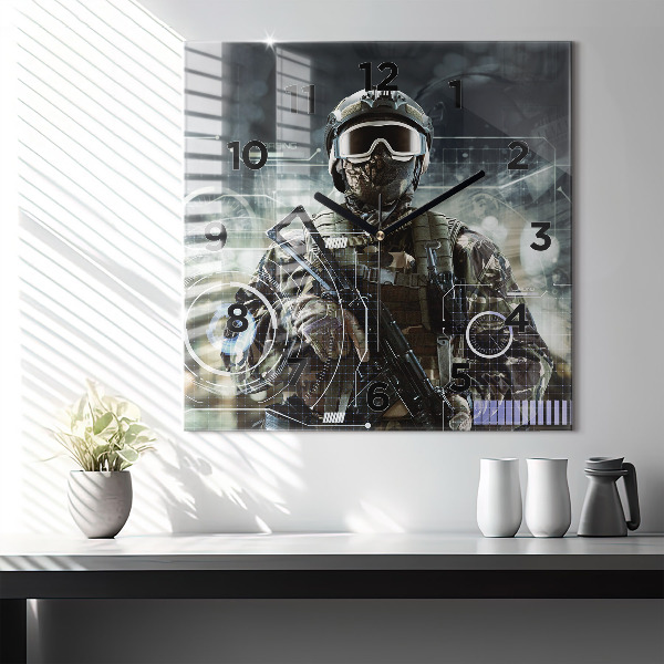 Square glass wall clock Soldier with a gun