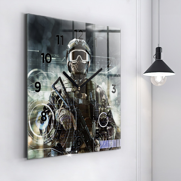 Square glass wall clock Soldier with a gun