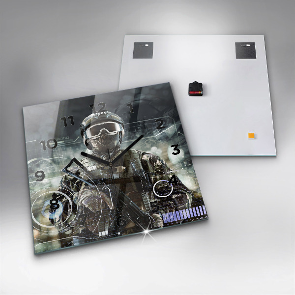 Square glass wall clock Soldier with a gun
