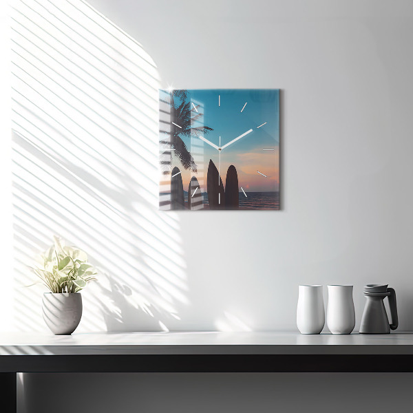 Square glass wall clock Surfing on the beach