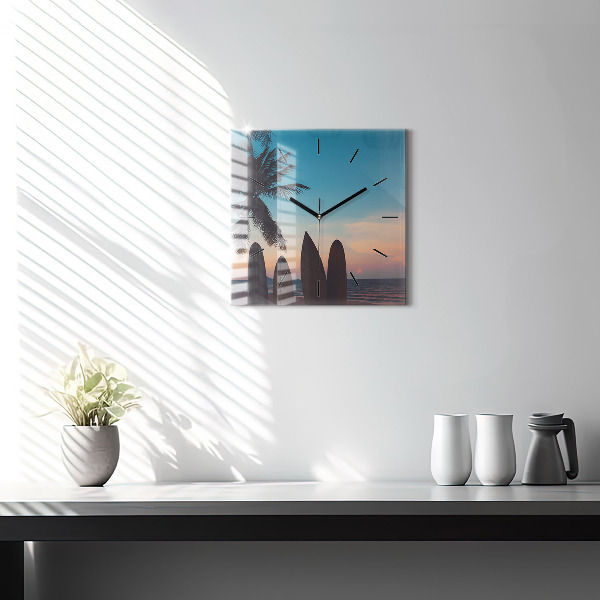 Square glass wall clock Surfing on the beach