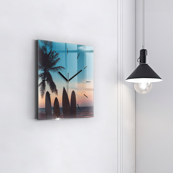 Square glass wall clock Surfing on the beach