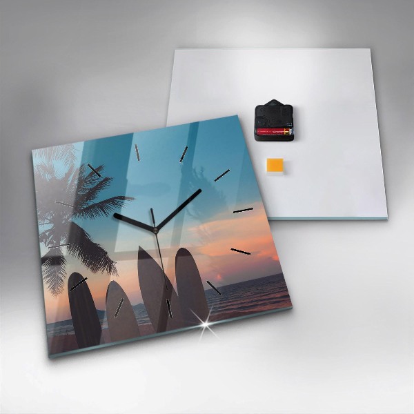Square glass wall clock Surfing on the beach
