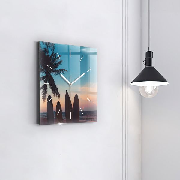 Square glass wall clock Surfing on the beach