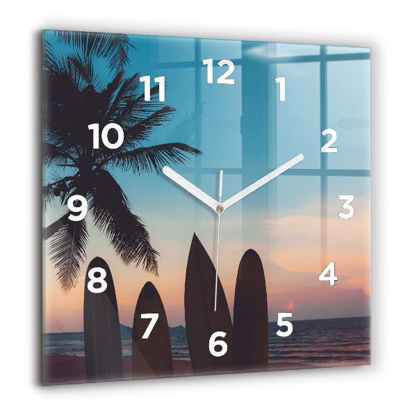 Square glass wall clock Surfing on the beach