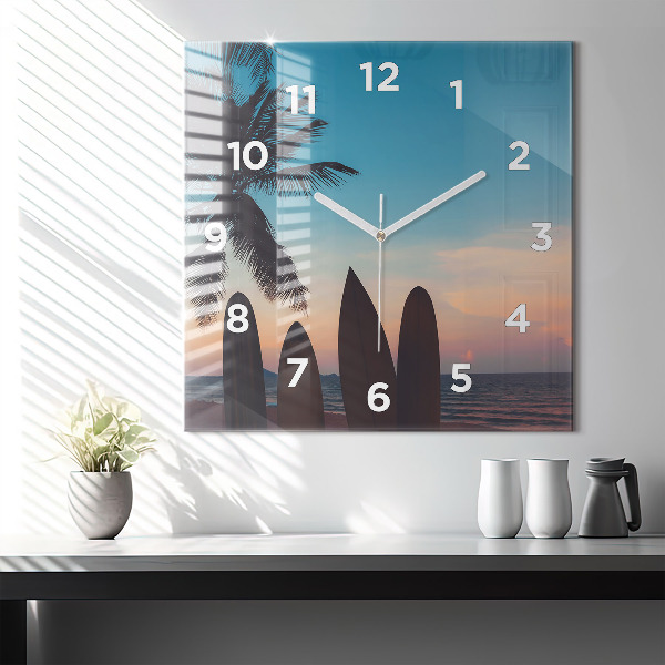 Square glass wall clock Surfing on the beach