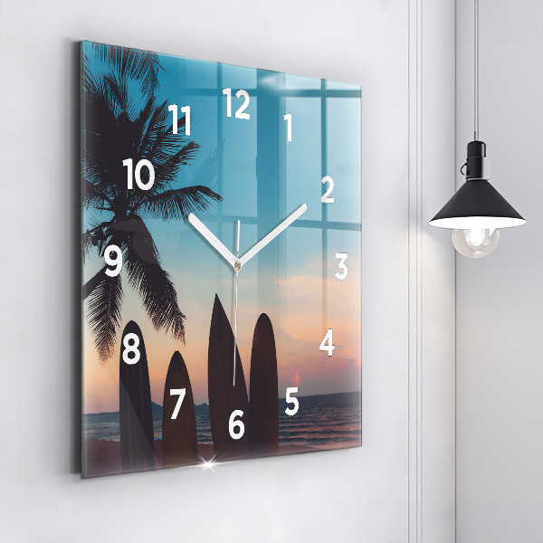 Square glass wall clock Surfing on the beach