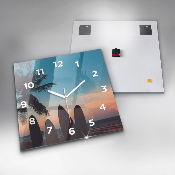 Square glass wall clock Surfing on the beach