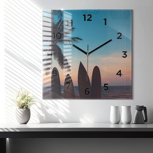 Square glass wall clock Surfing on the beach