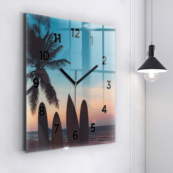 Square glass wall clock Surfing on the beach