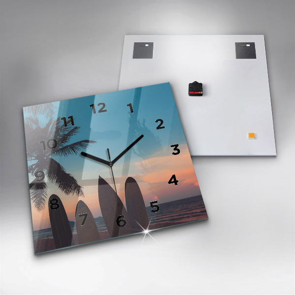 Square glass wall clock Surfing on the beach