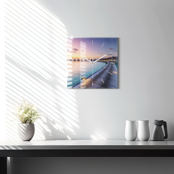 Square glass wall clock Sunset Maldives