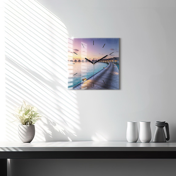 Square glass wall clock Sunset Maldives