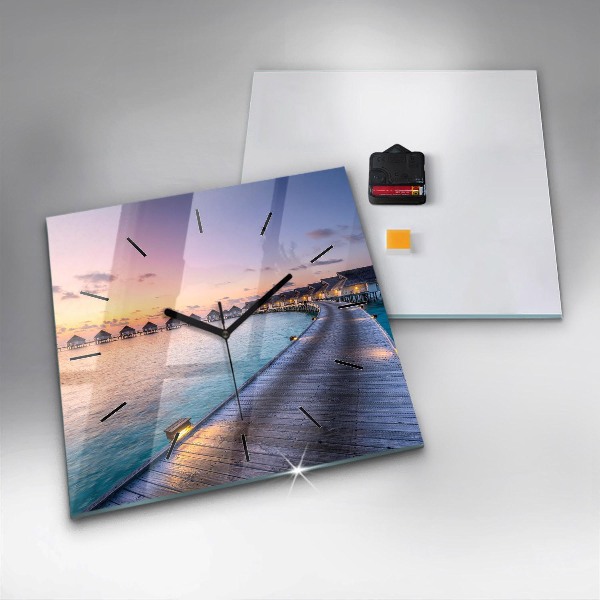Square glass wall clock Sunset Maldives