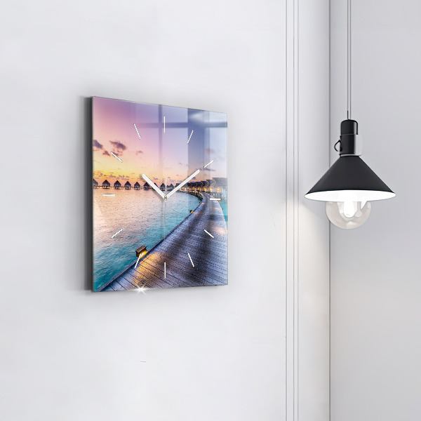 Square glass wall clock Sunset Maldives