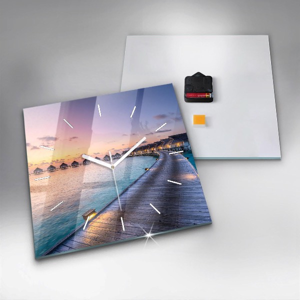 Square glass wall clock Sunset Maldives