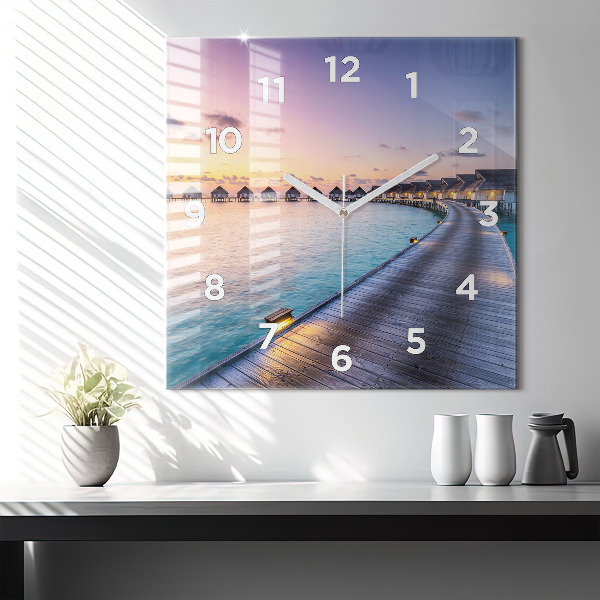 Square glass wall clock Sunset Maldives